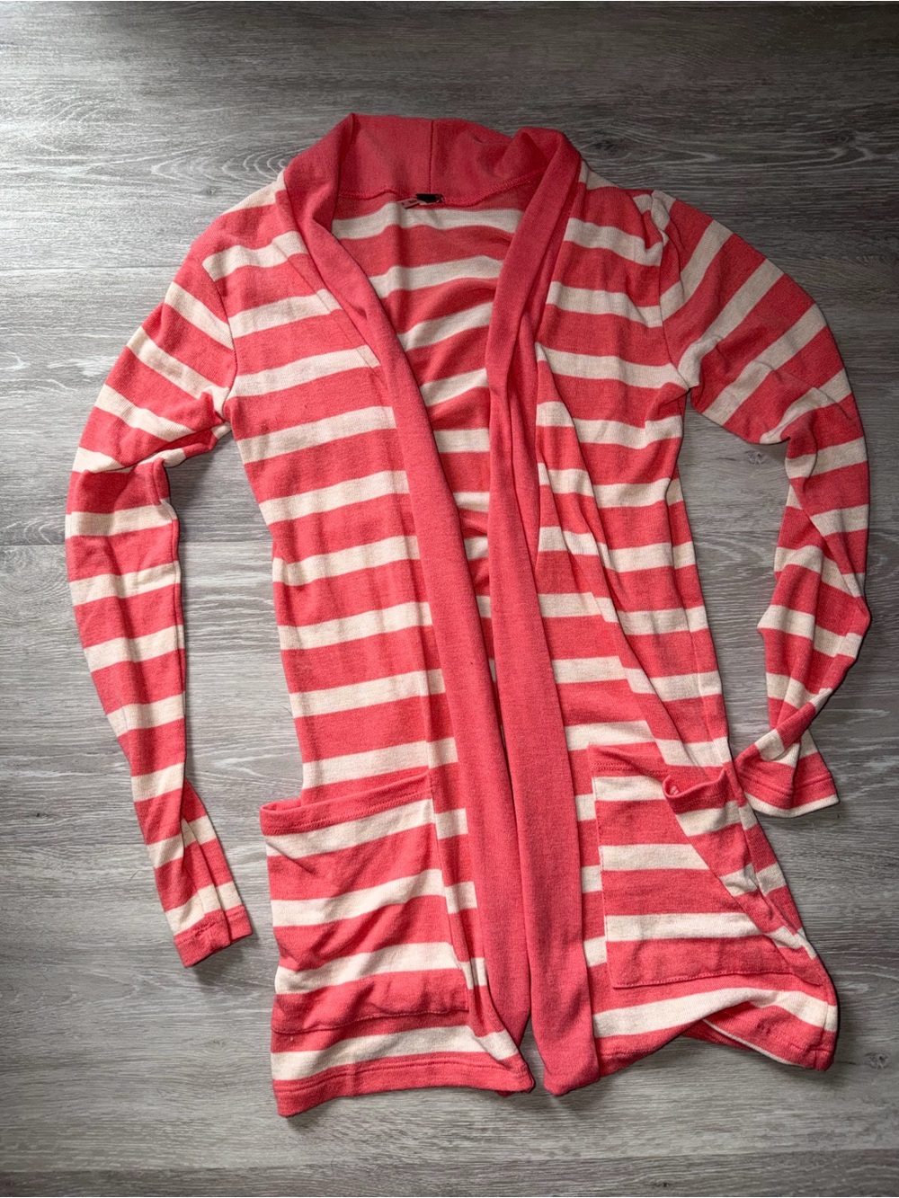 Striped Coral and Cream Open-Front Women's Cardigan